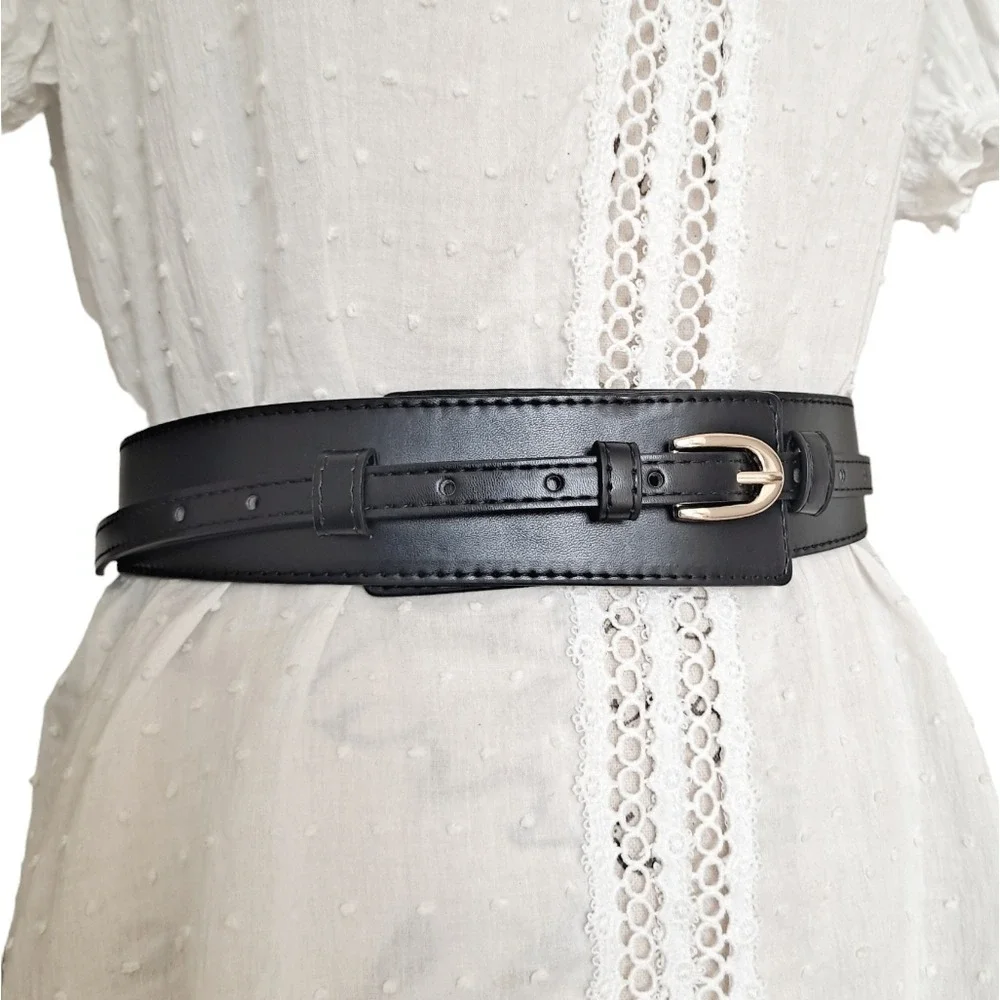 Skinny thick Black faux leather utility corset gold buckle dress wide waist belt